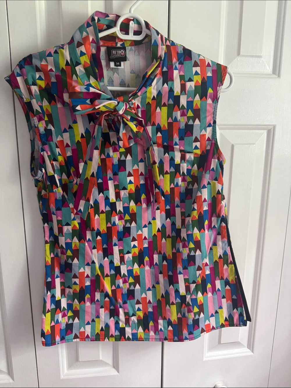 Retrolicious Multicolor Geometric Bow-Tie Sleeveless Blouse